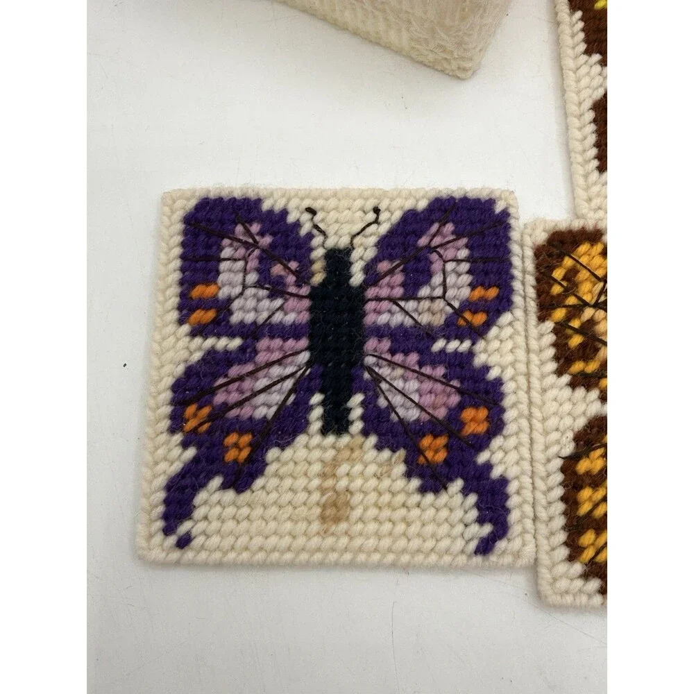 VTG 5 Butterfly Monarch + Handmade Plastic Canvas Coaster Sets w/ Basket Holder